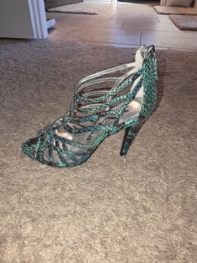 Green Snake-Print Strappy High Heel Sandals